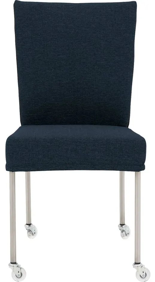 Goossens Eetkamerstoel Funk RVS Poten blauw stof leuning en Transparant skater wiel met rvs kapmet wielen, modern design