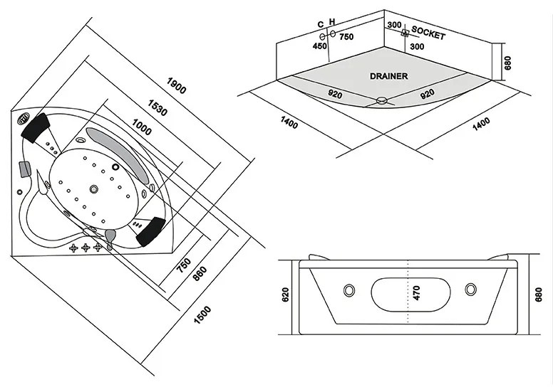 Plazan Flores whirlpool met heater 140x140cm