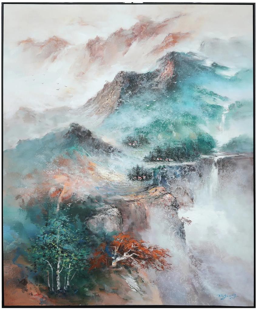Fine Asianliving Olieverf Schilderij 100% Handgeschilderd 3D met Reliëf Effect en Zwarte Omlijsting 150x180cm Landschap Bergen