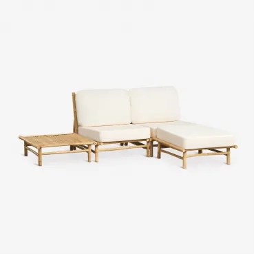 Tuinset Met 2-delige Modulaire Bank, Poef En Vierkante Salontafel Van Bamboe Isendra Stof Wit - Sklum