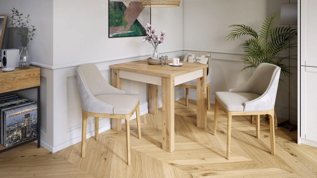 FONTE Eikenhout Artisan / beige - KLASSIEKE KEUKEN- /WOONKAMERTAFEL 85x75 UITKLAPBAAR TOT 130 cm!