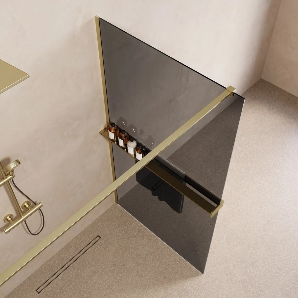 Saniclear Metric inloopdouche 110cm met handdoekhouder en rookglas geborsteld messing - mat goud