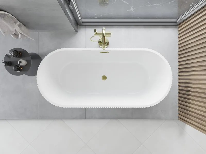 Mexen Yara vrijstaande geribbelde badkuip 170 x 75 cm, wit, overloop geborsteld goud - 52861707500-55