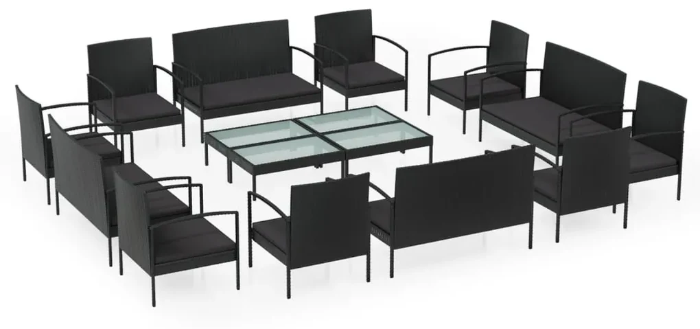 vidaXL 16-delige Loungeset met kussens poly rattan zwart