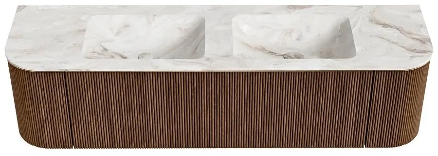 Mondiaz Kurve-dlux 170cm badmeubel ronding links/rechts walnut met 1 lade en 2 deuren en wastafel leaf dubbel zonder kraangat frappe