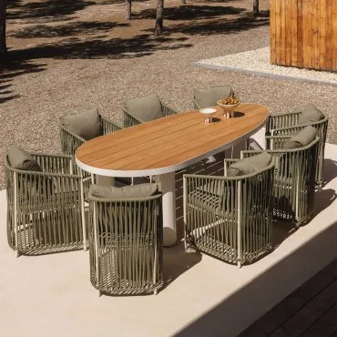 Taneli Ovale Tafelset, 260x110 Cm, Gemaakt Van Aluminium En Teakhout, En 8 Sophie Tuinstoelen, Gemaakt Van Aluminium En Gevlocht Leger Groen - Sklum