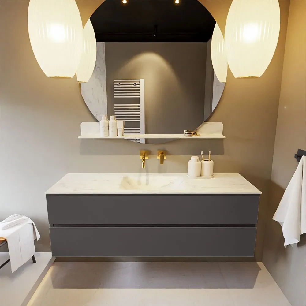 Mondiaz Vica DLux badmeubel 150cm dark grey 2 lades met wastafel opalo midden zonder kraangat