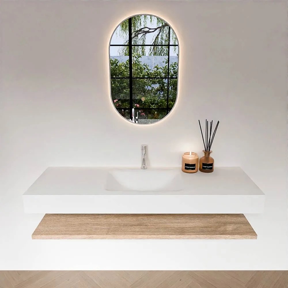 Zaro Alan badmeubel 140cm met planchet washed oak en vrijhangende wastafel cloud midden 1 kraangat talc