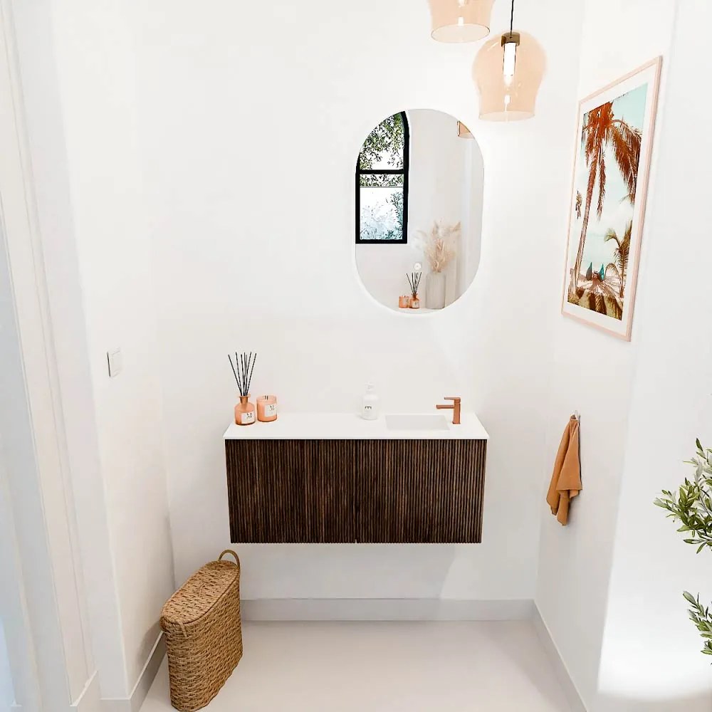 Mondiaz Joya 90cm toiletmeubel walnut met wastafel faye rechts 1 kraangat talc