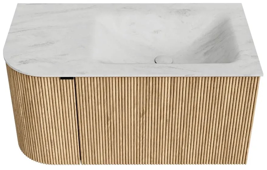 Mondiaz Kurve-dlux 85cm badmeubel ronding links oak met 1 lade en deur en wastafel cloud rechts zonder kraangat opalo