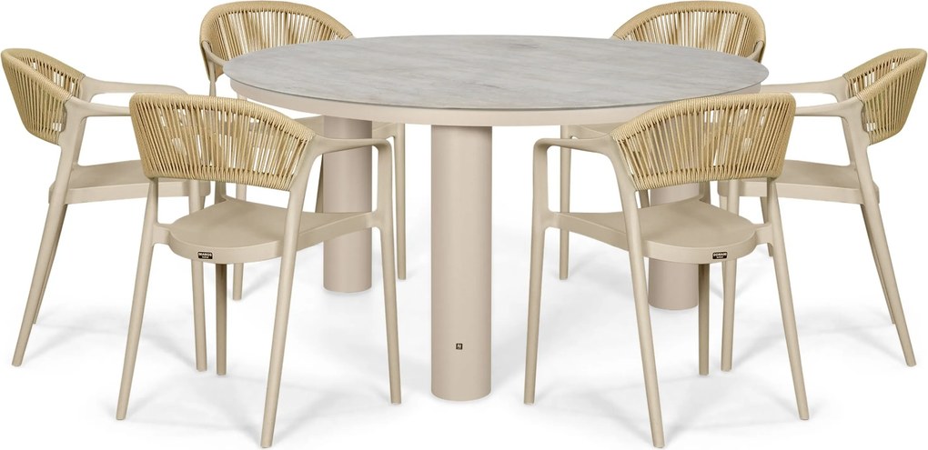 Tuinset Ronde Tuintafel 6 personen 150 cm Kunststof Taupe  Domani Furniture Toscano/Arancia