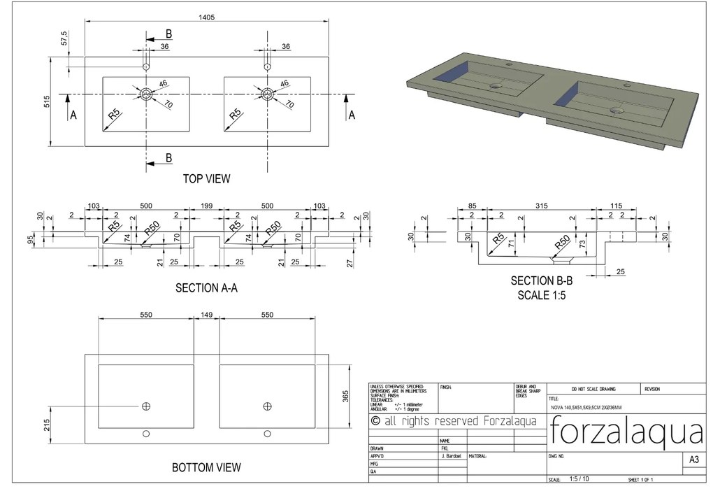 Forzalaqua Nova wastafel 140x50cm met 2 kraangaten graniet gezoet