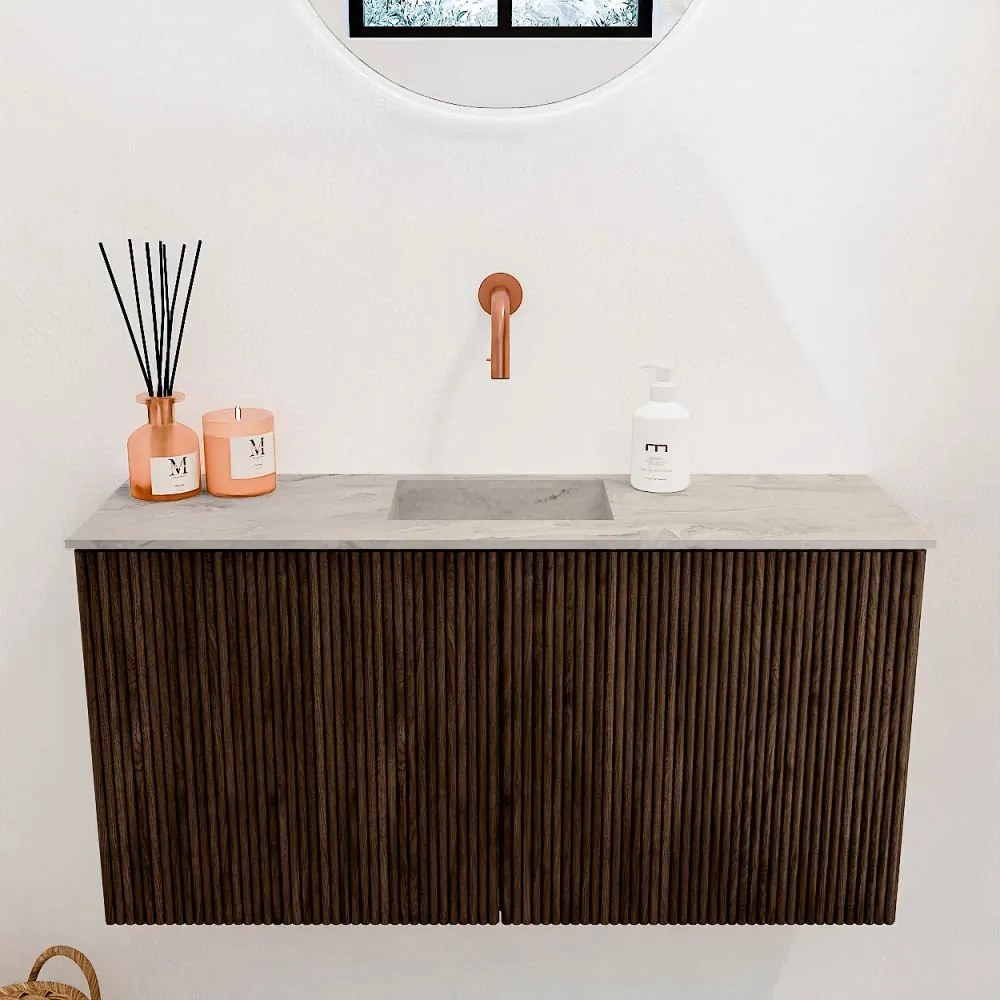 Mondiaz Joya DLux 80cm toiletmeubel walnut met wastafel faye midden zonder kraangat glace