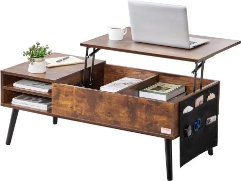 VEVOR salontafel met opklapbaar blad, 39,4 inch rechthoekige salontafel met extra opbergvakken, opvouwbare salontafel voor de woonkamer, bruin