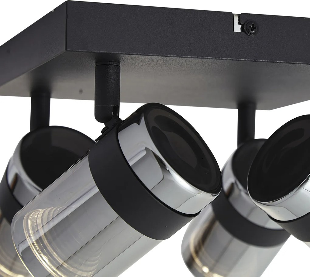 Plafondspot zwart met smoke glas 4-lichts draai- en kantelbaar - Gianni
