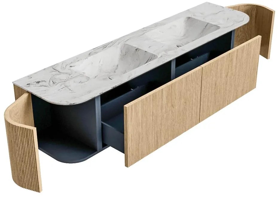 Mondiaz Kurve-dlux 180cm badmeubel ronding links/rechts oak met 2 lades en deuren en wastafel leaf dubbel 2 kraangaten glace