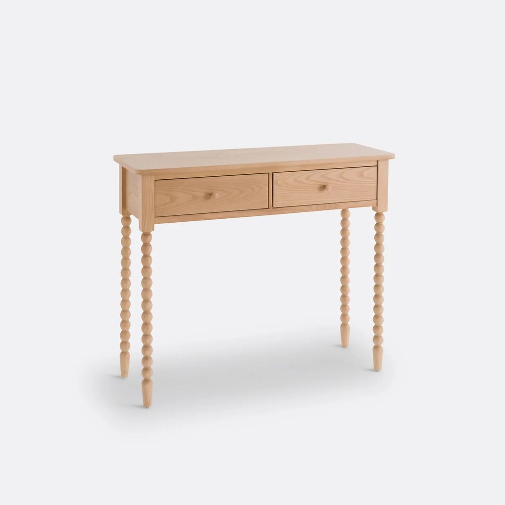 Wandtafel in essenhout, 2 lades, gedraaide poten, Anina