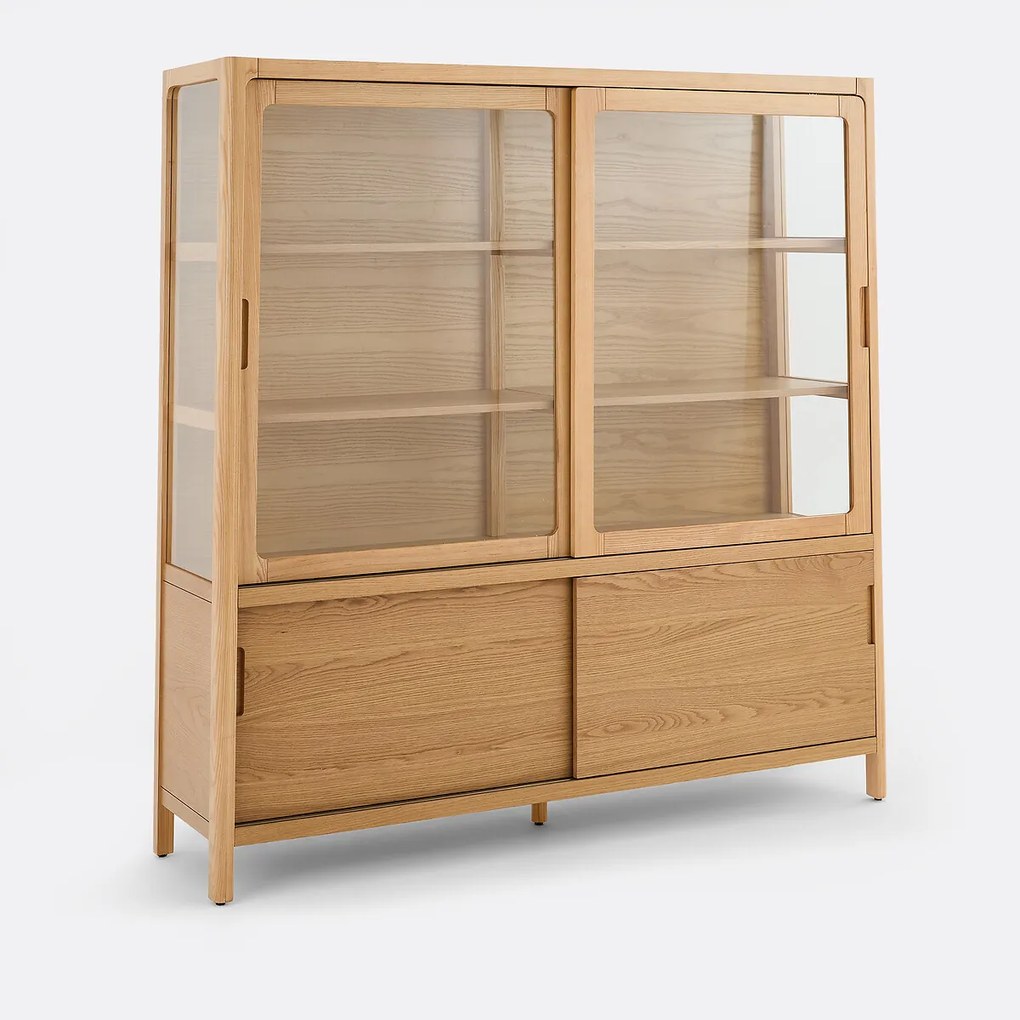 Vitrinekast in massief essen en eikenfineer, 4 deuren, hoogte 180 cm, Tress
