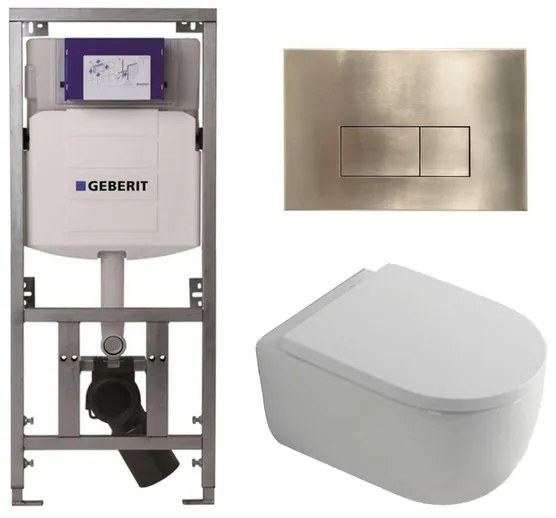 QeramiQ Dely Swirl Toiletset - 36.3x51.7cm - Geberit UP320 inbouwreservoir - met Burda frame - 35mm zitting - geborsteld messing bedieningsplaat - rechthoekige knoppen - wit glans 0701131/SW706201/SW1000767/SW1026256