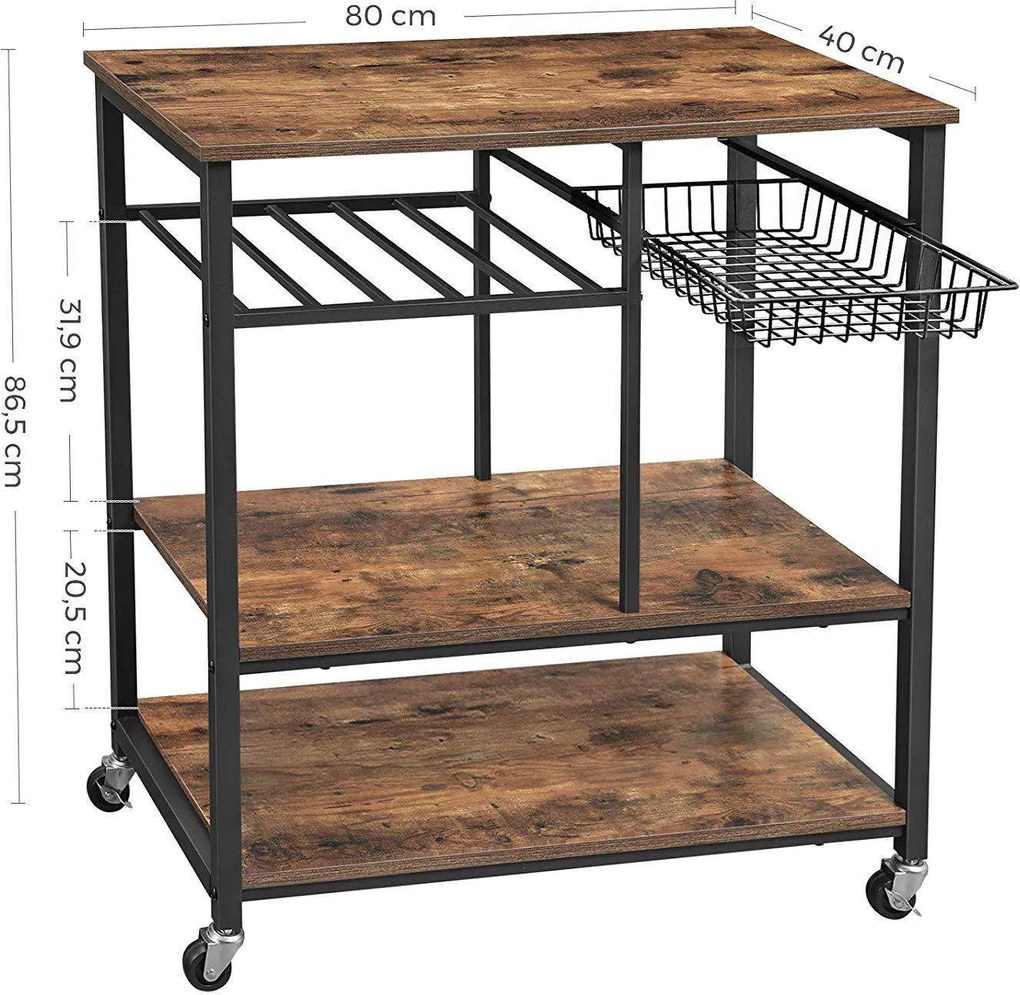 Nancy's Richland Vintage Keukenwagen - Serveerwagen - Keukentrolleys - Rustiek Bruin - Industriële Trolley - 80 x 40 x 86.5 cm