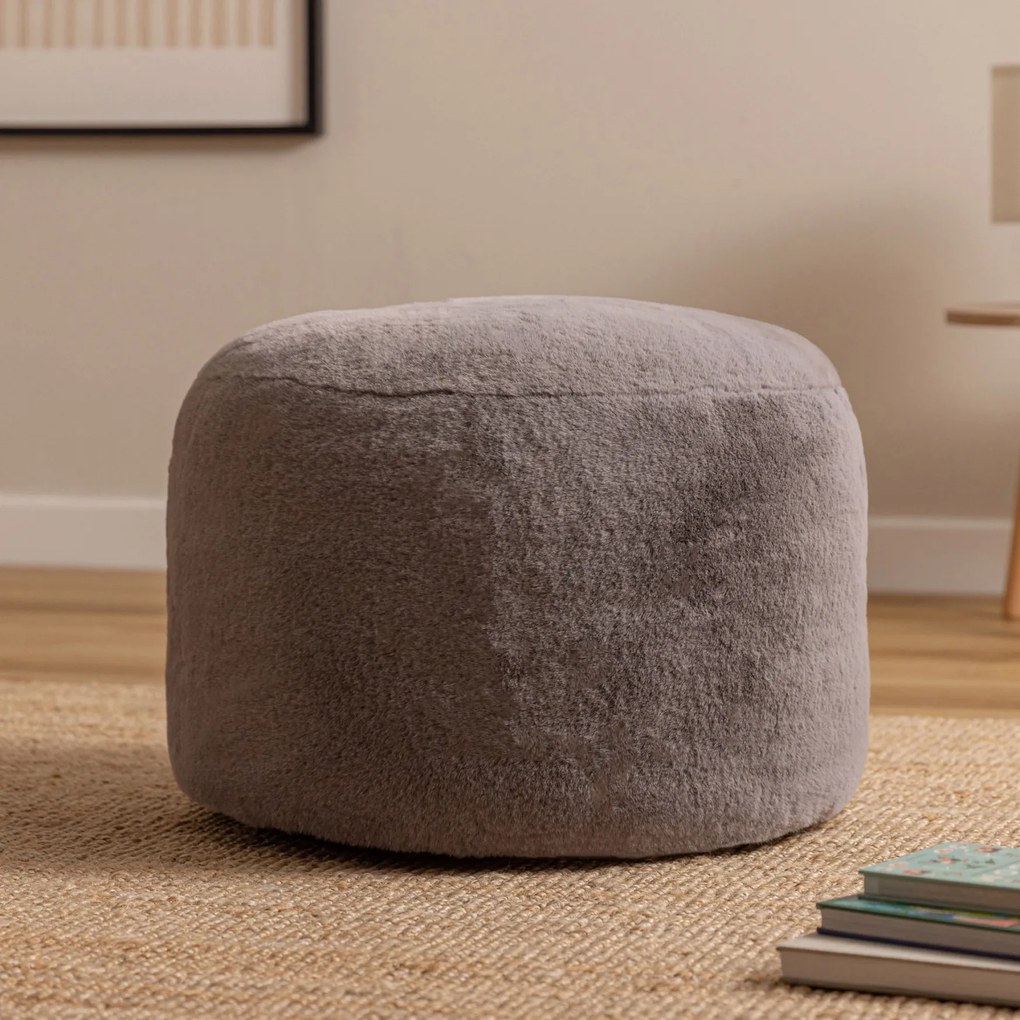 Icon Milano Rabbit Faux Fur Round Footstool Bean Bag, Light Grey