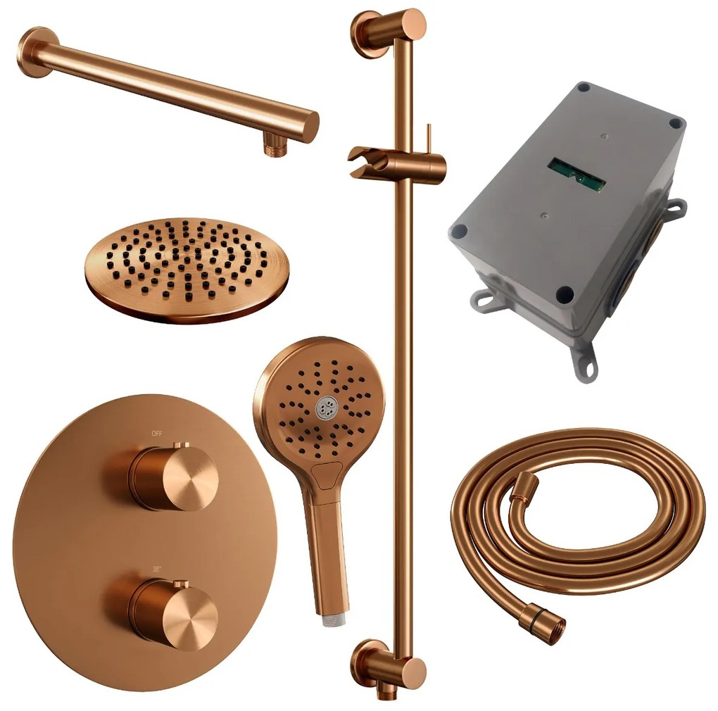 Brauer Copper Edition thermostatische inbouw regendouche met 3 standen handdouche, rechte muurarm, glijstang en hoofddouche 20cm set 91 koper geborsteld PVD