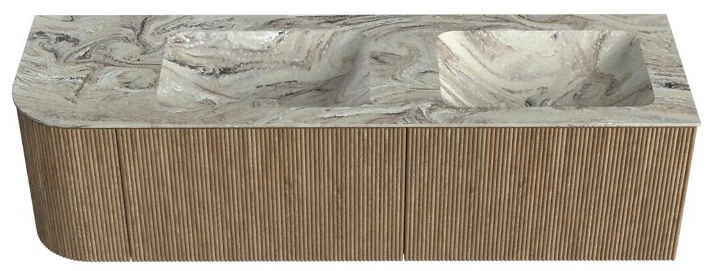 Mondiaz Kurve-dlux 155cm badmeubel ronding links dusk met 2 lades en 1 deur en wastafel leaf dubbel/rechts zonder kraangat glace