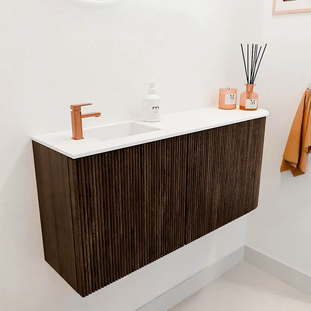 Mondiaz Joya 90cm toiletmeubel ronding rechts walnut met wastafel faye links 1 kraangat talc