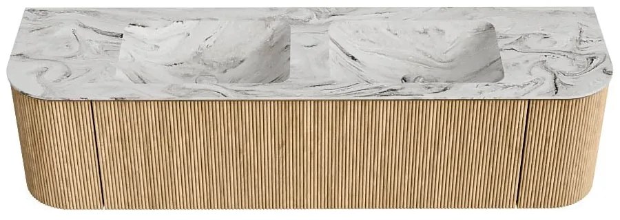 Mondiaz Kurve-dlux 170cm badmeubel ronding links/rechts oak met 1 lade en 2 deuren en wastafel leaf dubbel zonder kraangat glace