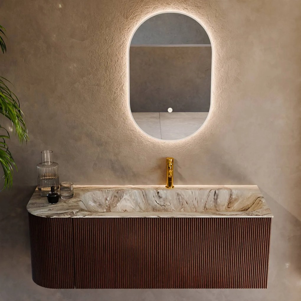 Mondiaz Kurve-dlux 125cm badmeubel ronding links ruby met 1 lade en deur en wastafel big medium kraangat rechts glace