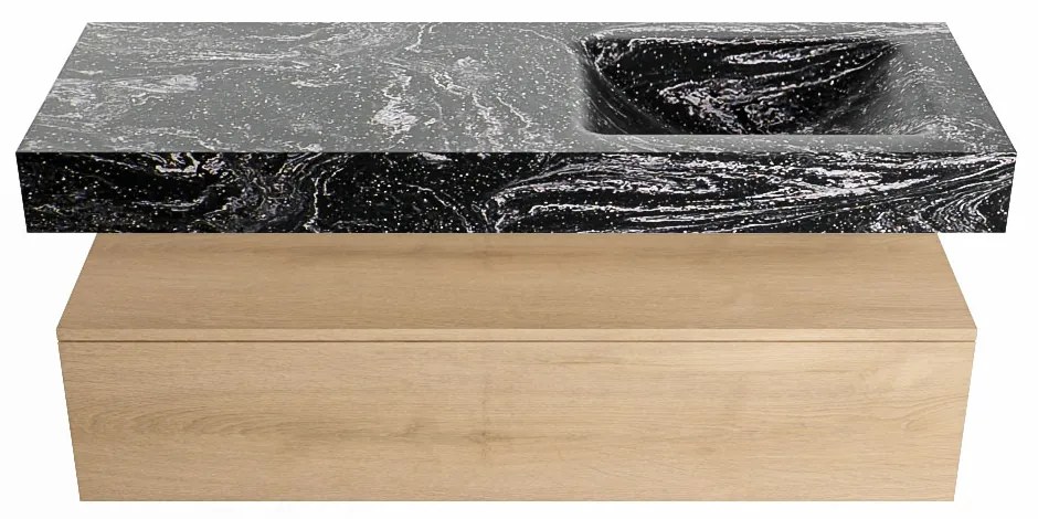 Mondiaz Alan DLux badmeubel 130cm washed oak 1 lade met wastafel lava rechts 1 kraangat