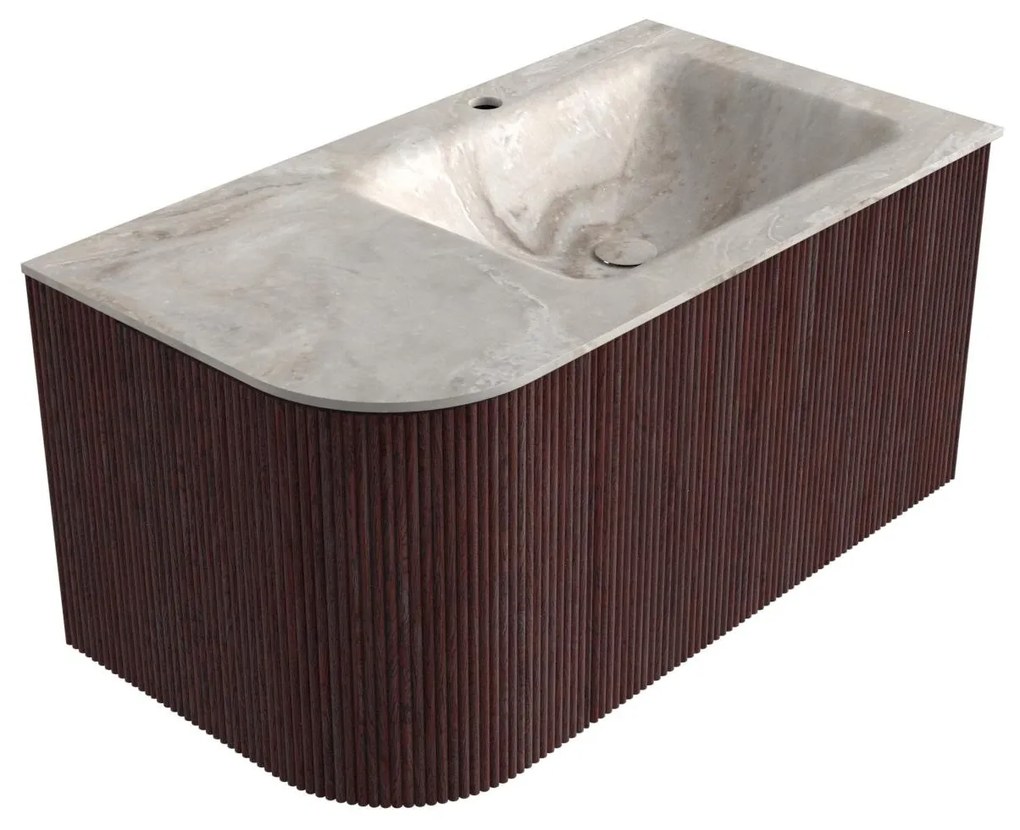 Mondiaz Kurve-dlux 85cm badmeubel ronding links ruby met 1 lade en deur en wastafel cloud kraangat rechts frappe