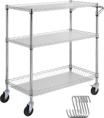 VEVOR Keukenwagen, 3-laags laboratoriumwagen met een capaciteit van 300 kg, Chromen serveerwagen, afruimwagen, transportwagen, rollende opslagwagen met 6 haken, voor binnen- en buitengebruik, Zilver