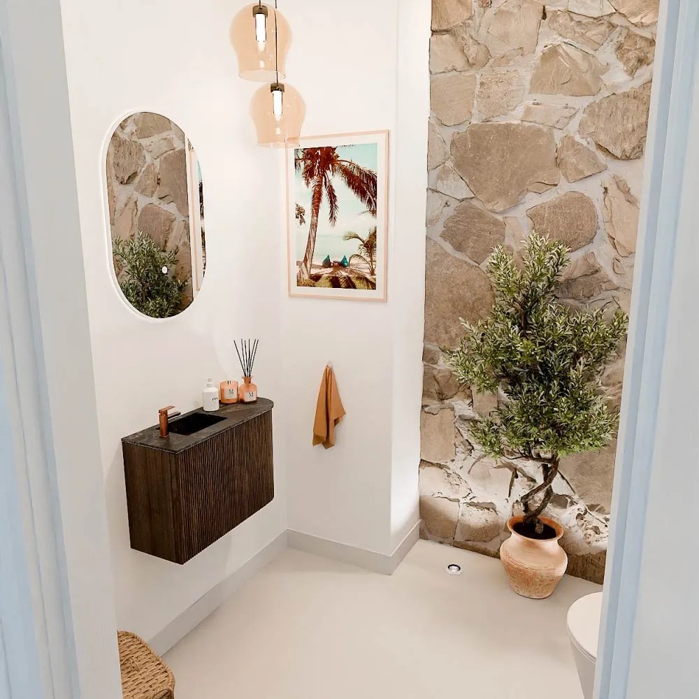 Mondiaz Joya DLux 60cm toiletmeubel ronding rechts walnut met wastafel faye links 1 kraangat lava