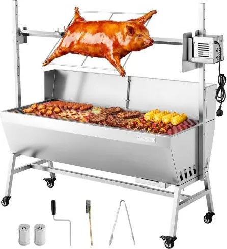 VEVOR Rotisserie Grill 38 W Speenvarken Grill Lam Grill Houtskool Grill (1218 mm Grilllengte) met 60 kg draagvermogen &amp; wielen &amp; 4-voudige hoogteverstelling &amp; beschermhoes, elektrische grillset voor kamperen