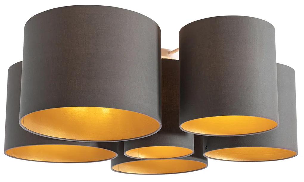 Stoffen Plafondlamp taupe met gouden binnenkant 6-lichts - Multidrum Modern E27 rond Binnenverlichting Lamp