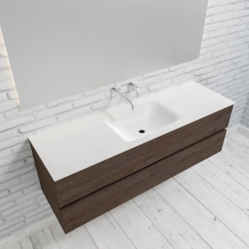 Zaro Valencia Solid Surface badmeubel 150cm donker eiken zonder kraangat spoelbak midden met 2 lades