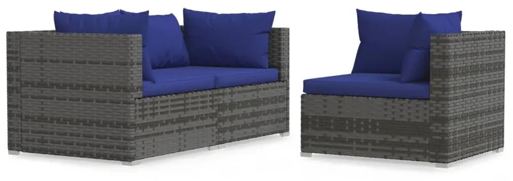 vidaXL 3-delige Loungeset met kussens poly rattan grijs