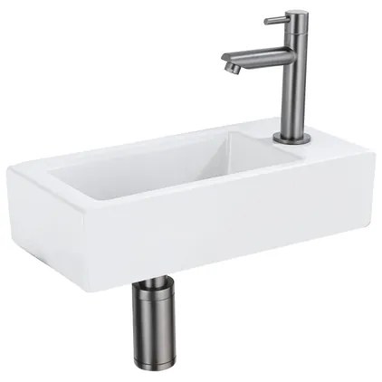 QeramiQ Fuente Fonteinset - 37.5x18.5x9cm - keramiek - kraangat rechts - fonteinkraan gunmetal - afvoerplug - verlaagd sifon - Mat wit SW1122446/SW769487/SW767295/SW696239