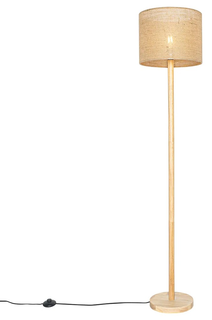 Smart vloerlamp hout met linnen kap naturel 32 cm incl. Wifi A60 - Mels Landelijk E27 rond Binnenverlichting Lamp