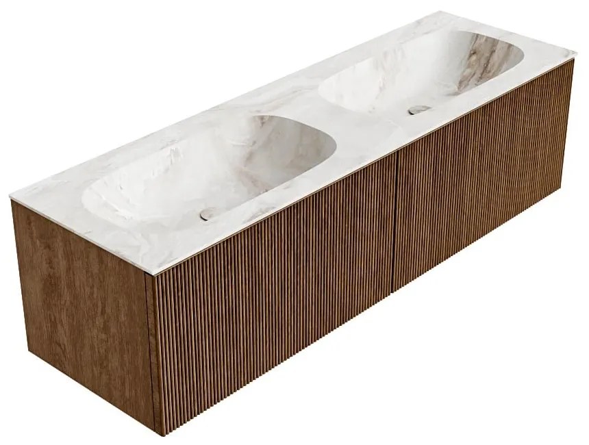 Mondiaz Kurve-dlux 150cm badmeubel walnut met 2 lades en wastafel stor small dubbel 2 kraangaten frappe