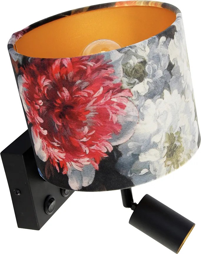 Wandlamp zwart met leeslamp en kap 18 cm bloemen - Brescia