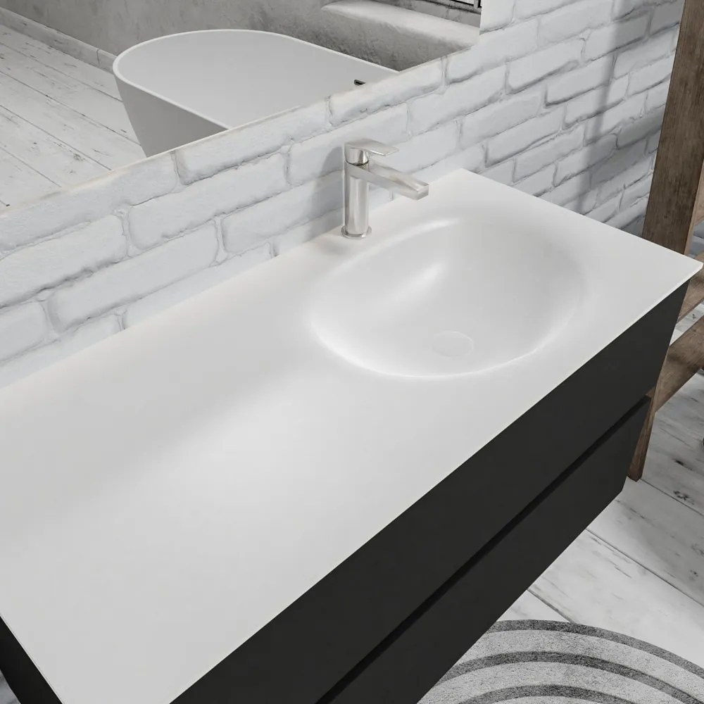 Zaro Sevilla Solid Surface badmeubel 100cm mat zwart 1 kraangat met 2 lades spoelbak rechts