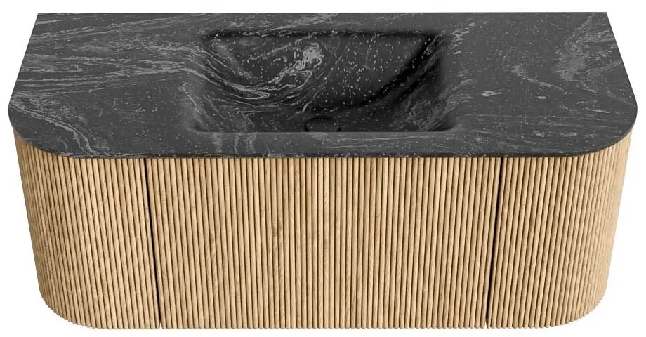 Mondiaz Kurve-dlux 110cm badmeubel ronding links/rechts oak met 1 lade en 2 deuren en wastafel cloud midden zonder kraangat lava