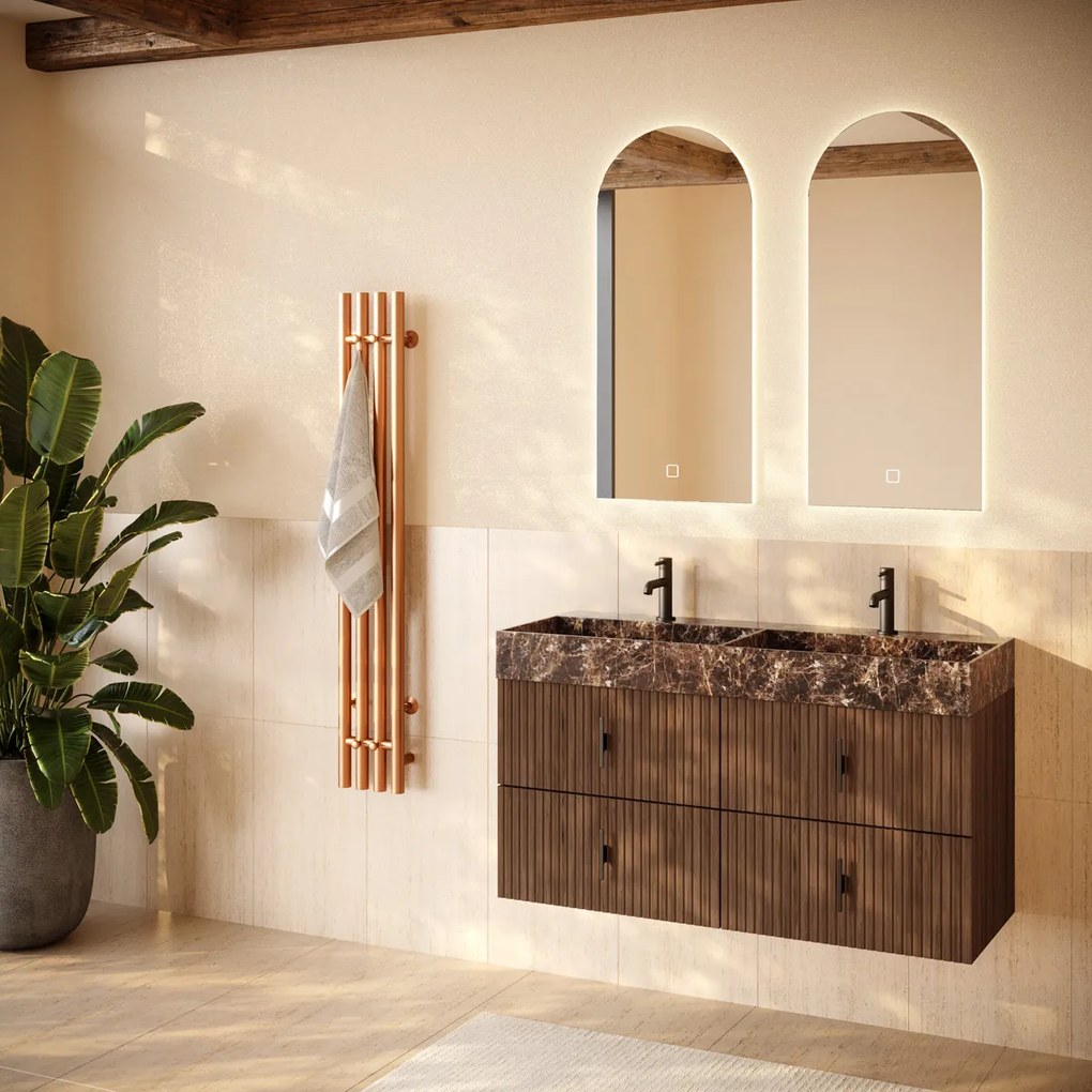 Muebles Murcia badmeubel ribbelfront 120cm walnoot met Dark Emperador wastafel met kraangaten