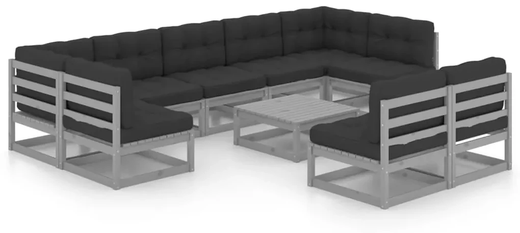 vidaXL 10-delige Loungeset met kussens massief grenenhout grijs