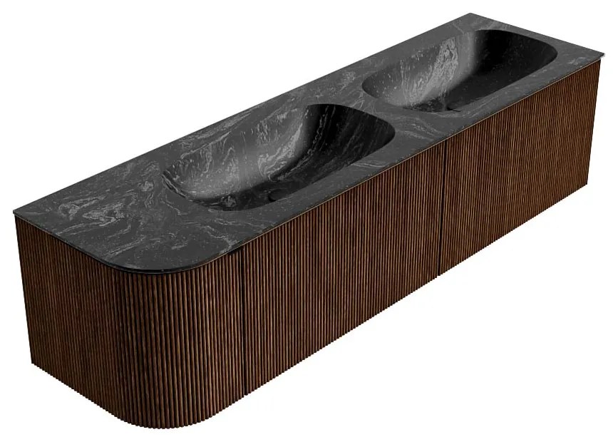 Mondiaz Kurve-dlux 165cm badmeubel ronding links walnut met 2 lades en 1 deur en wastafel stor small dubbel/rechts zonder kraangat lava