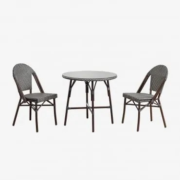 Brielle Bistro Ronde Tafelset, Ø80 Cm, En Twee Stapelbare Tuinstoelen Van Aluminium En Synthetisch Rotan. Grijs – Grafiet - Gardenia Wit - Sklum