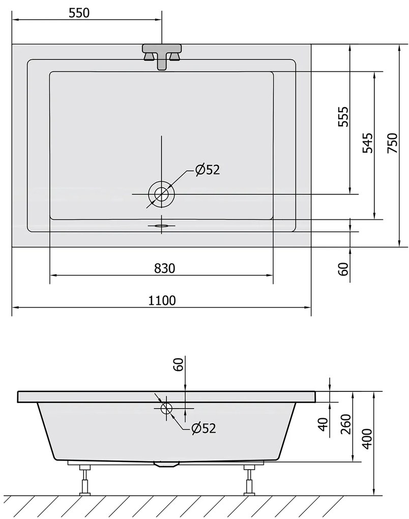 Polysan Deep rechthoekige douchebak met steun 110x75x26cm wit