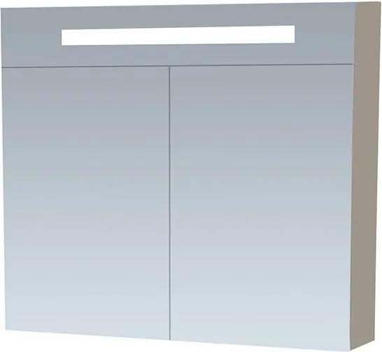 Spiegelkast Delia 80x70x15cm MDF Hoogglans Taupe LED Verlichting Lichtschakelaar Stopcontact Binnen en Buiten Spiegel